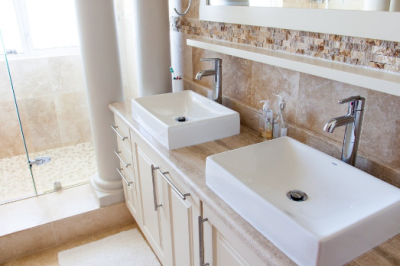 sinks Double sink vanity in a home bathroom